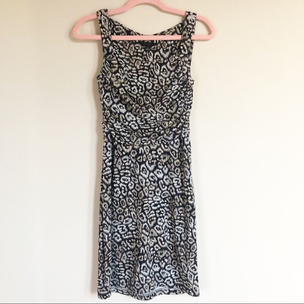 Ann Taylor Black Cream Animal Print Tank Dress Ruched Top Sleeveless Size 2
